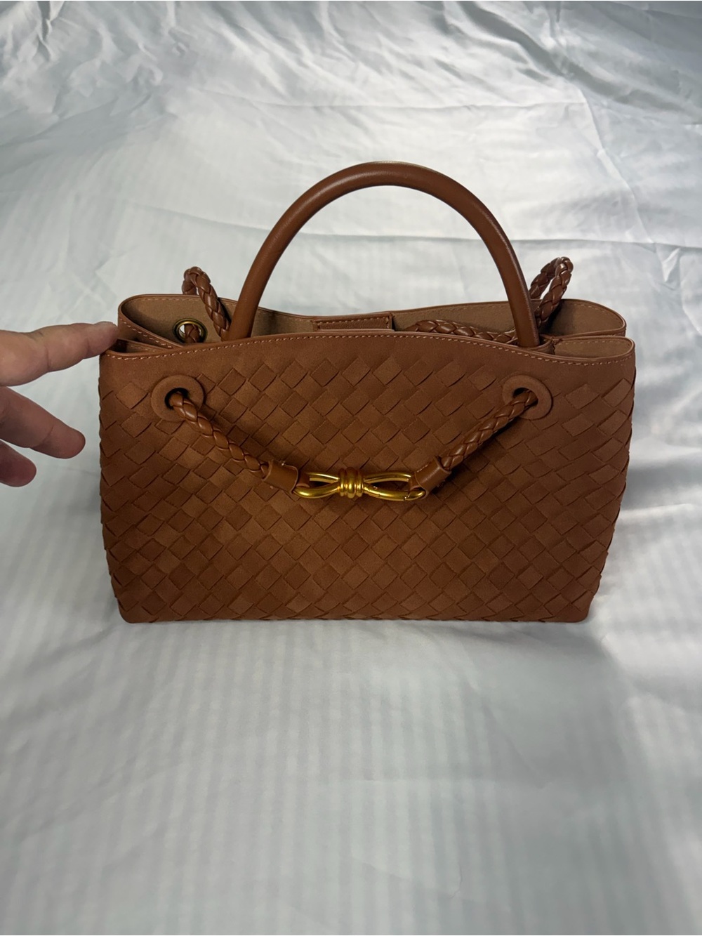 Woven Top-Handle Satchel in Cognac Brown